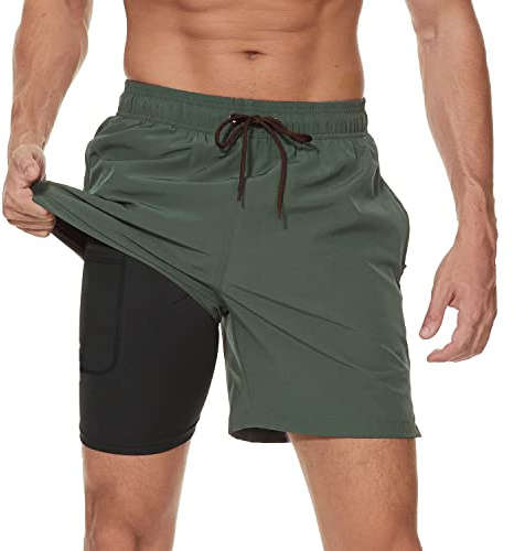 Arcweg Bañador para Hombre con Forro de Compresión 2 en 1 de Secado Rápido con Forro Corto Elástico para la Playa con Bolsillos con Cremallera