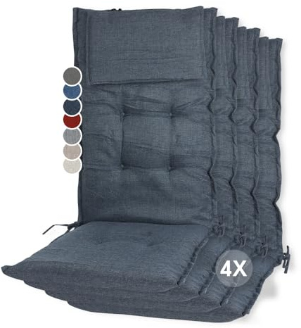 slaaviinoo Gartenstuhlauflagen Hochlehner 4er Set - Ideale 6 cm Dicke Sitzauflagen - Mit Kopfpolster - Oeko-TEX Zertifiziert - UV-beständig - Auflagen für Gartenmöbel - Nachtmeerblau