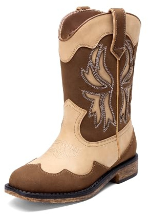 DREAM PAIRS Stivali da cowgirl per ragazze e bambini, stivali da cowboy, punta quadrata, metà polpaccio, scarpe da equitazione alla moda occidentale, per bambini/bambini grandi, Marrone/Camo, 12