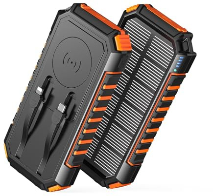 Wireless-Solar-Power-Bank-27000mAh, Virelek 22.5W Fast Charging Solar Panel Battery Pack 6 Output with 2 Built-in Cables, 1 USB C In&Out, 2 Flashlights for Smartphones Tablets Camping Outdoor