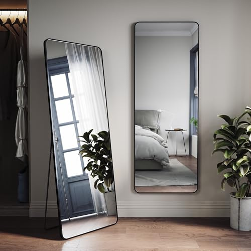 ELEGANT Full Length Mirror, 160×60cm Large Floor Full Body Rectangular Standing Mirror with Black Aluminum Frame, Free Standing or Hanging for Bedroom, Living Room, Bathroom