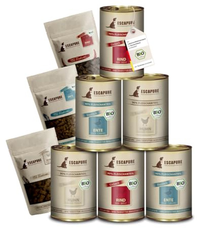 ESCAPURE Bio Liebhaber Testpaket – 100% Bio-Zutaten, Monoprotein, getreidefrei – Hundefutter & Snacks im Mix – Ideal zum Kennenlernen & Probieren (2X Snack & 6x400g Nassfutter)