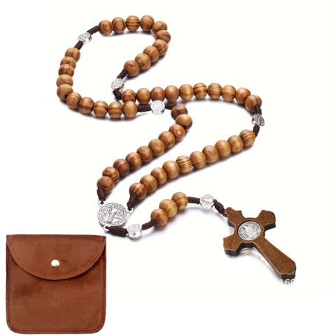 BCHKO Collar de Rosario Católico con Cruz, Cadena de Oración de Madera Natural, Ideal para Comunión Católica, Bautizo, Misa y Estudio Bíblico (incluye bolsa de almacenamiento)