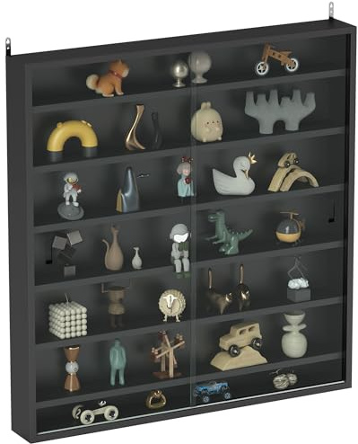 HOMCOM Wandvitrine mit 6 verstellbaren Fachböden, Sammlervitrine, Wandvitrine für Sammlerstücke, Glas und Spanplatte, 80x9,5x83 cm, Schwarz