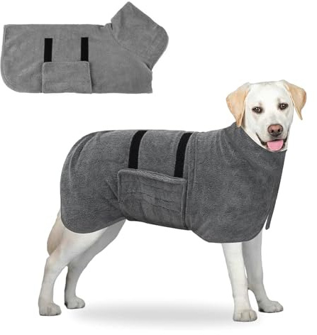 Hunde Bademantel, Hundebademantel Mittelgroße Hunde, Hund Bademantel mit Klettverschluss, Hundehandtuch Extra Saugfähig, Weich Hundebademantel aus Mikrofaser, Verstellbarem, Schnell Trocknend, Grau