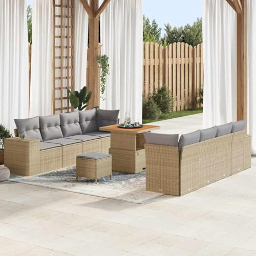 Teenpull Garten-Sofa-Set 11-teilig, Beige Poly-Rattan, Outdoor Möbel für Terrasse, Balkon, Veranda, Langlebiges Loungesofa mit Tisch