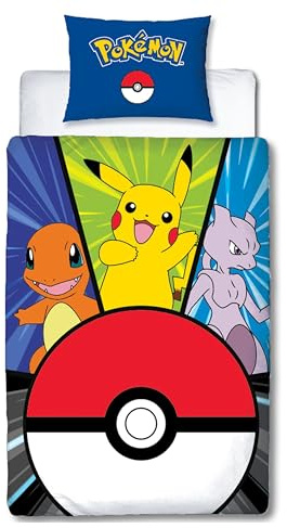 Pokémon, Parure de Lit Enfant Gamer pour Lit 1 Place, Motif Pikachu Poké Ball, Ensemble 2 pièces Housse de Couette Réversible 140x200 cm et Taie d'oreiller 63x63 cm, Textile Certifié Oeko TEX