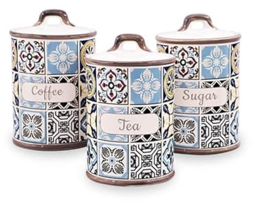Maestro Holiday in Porto MR-20005-03CS - Juego de 3 recipientes de cerámica | Té y azucarero | 800 ml con junta de silicona, diseño elegante, decorativo y funcional
