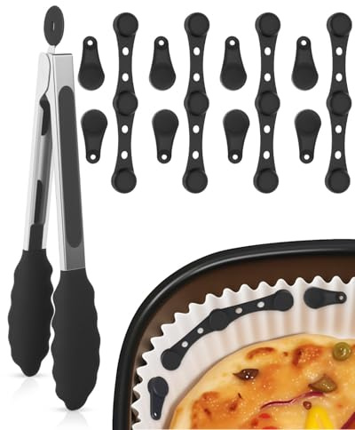 12 Stück magnetische Silikonschnallen für Airfryer + Lebensmittelzange – Hitzebeständig bis 260 °C, Luftfahrt-Silikon starker Magnetkern, sicheres Fixieren von Backpapier, wiederverwendbar geruchsfrei | 260°C hitzebeständig, Luftfahrt-Silikon, starker Magnetkern, wiederverwendbar, antihaftschonend, Airfryer & Backofen