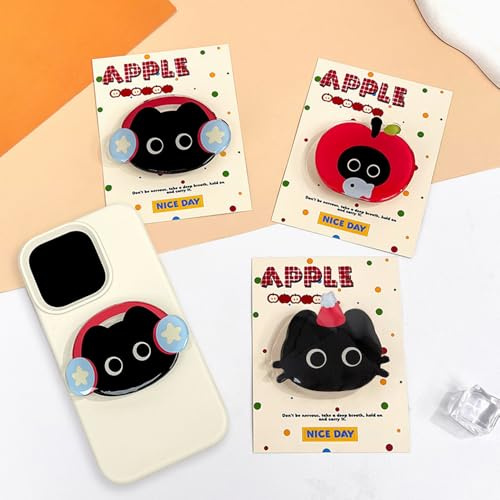 MSLSOZ 3 Adorable Cartoon Phone Grips, Cute Black Cat Pattern Phone Grip Holder, Foldable & Telescopic Phone Accessory, Compatible with Smartphones & Tablets, for Handheld Shooting, Video Watching.