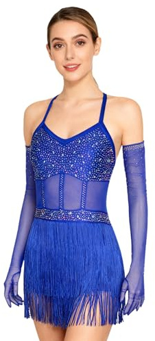 JEATHA Maillot De Baile Latino para Mujer Vestido con Flecos Lentejuelas Mono Patinaje Artistico Traje De Baile Salón Salsa Cha Cha Rumba Azul Real XXL