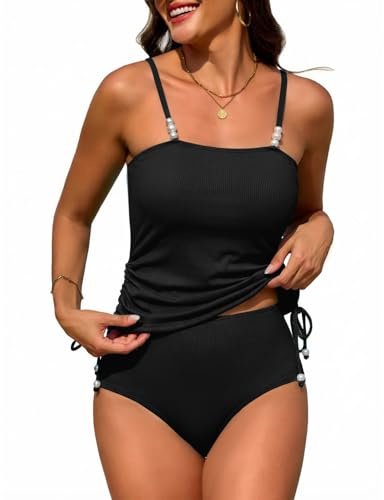 Wiepux Ribbed Tankini Swimsuits for Women Two Piece Bathing Suit Side Drawstring Swim Top with High Waisted Bottom(Black,L)