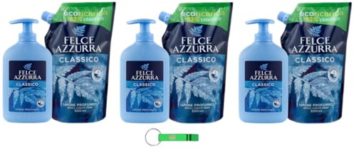 Felce Azzurra Sapone Liquido Classico Pacchetto di prova/Ricarica 3 × 500 ml + Sapone 3 × 300 ml Sapone per le mani con profumo di culto dall'Italia + Portachiavi Beni Culinari