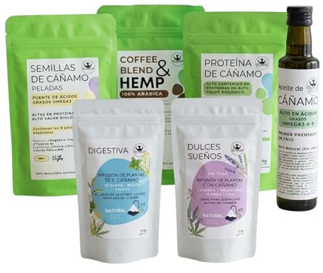 Sr Valley Pack iniciación al Cañamo: Proteina 250 g | Aceite 250 ml | Semillas peladas 200 g | Café Arabica 250 g | Infusión de Lavanda, Valeriana, Hierba Luisa | Infusión de te Verde, Menta, Hinojo