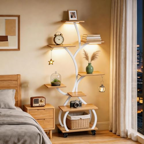 VINGLI Support Plantes avec Lampe de Croissance À 8 Niveaux, etagere plante en Fer et Bois sur Roues, 127 x 68 x 30 cm, Tube Blanc + Panneau Chêne, 3 sorties LED, pour Salon Balcon chambre et terrasse
