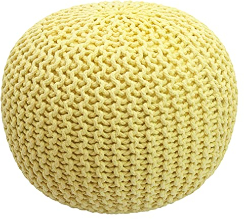 COTTON CRAFT - Hand Knitted Cable Style Dori Pouf - Yellow - Floor Ottoman - Cotton Braid Cord - Handmade & Hand Stitched - Truly one of a Kind Seating - 20 Dia x 14 High