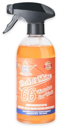 Shinykings Wash&Shine 66 WASSERLOSER Auto Reiniger | Kratzfreie Pflege & Glanz-Effekt für Lack, Chrom-, Alufelgen, Leder & Kunststoff | 0,5 L Auto-Shampoo umweltfreundich & biologisch abbaubar
