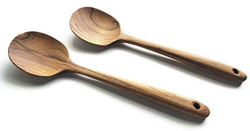 FAAY Thai Teak Salad & Cooking Spoons (2 Pack), 9.5 inch – Handcrafted in Thailand, Natural Coconut Oil Finish, Smooth Non-Scratch Utensils for Mixing & Serving
