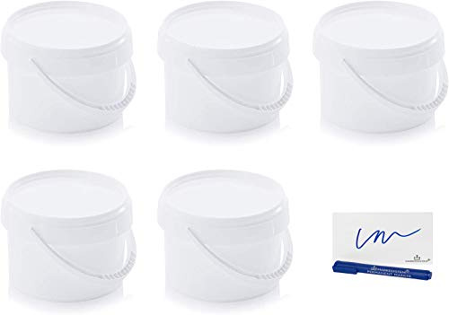 Markesystem - Secchio ermetico per catering. Confezione da 5 x 0,55 litri Secchi di plastica con coperchio. Contenitori impilabili. Alimenti, liquidi e vernici. Polipropilene bianco + kit etichettato