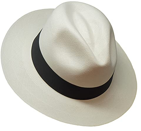 Borges & Scott Der Japura - Signatur Fedora Panama Hut - Weiß mit schwarzem Band - Rollbarer und ultraleichter echter Panama Hut - 61cm