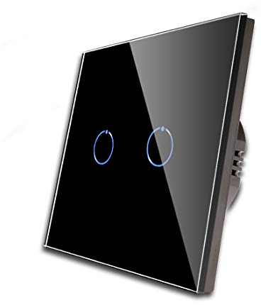 CNBINGO Touch Light Switch, Black Double Light Switch, Tempered Glass Panel with LED Backlight, No Neutral Wire Required, 2-Gang 1-Way, AC 240V 500W/Gang