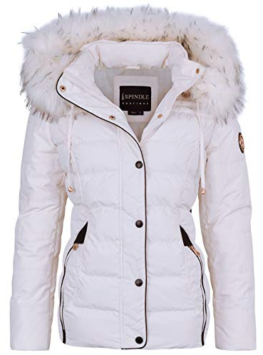 Spindle Womens Ladies Premium Quality Hooded Short Fur Parka Quilted Padded Puffer Coat | Zip Side Pockets | Luxurious Detachable Faux Fur on Hood | Zipped Inner Pocket White 10