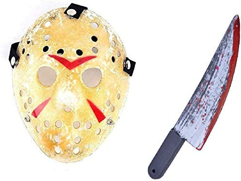 Silver Fancy Dress® Hockey Mask Jason Mask Jason Voorhees Masks with Plastic Bloody Knife Toy Prop Horror Fancy Dress Costume Props for Halloween, Scary Cosplay