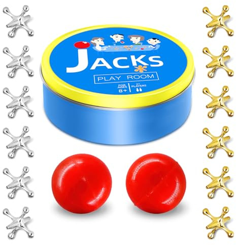 Sisland Metal Jacks Game with Ball Set, Classic Jax Game Toy for Kids Adults, Old School Jackstones Games Set (12 Jacks + 2 Balls)