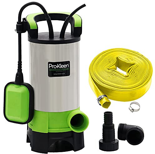 Pro-Kleen Submersible Water Pump 1100W Electric, 18000L/H, Heavy Duty 25m Layflat Hose for Clean or Dirty Water, Float Switch, 10M Power Cable - Floods, Pools, Gardens, Ponds, Hot Tubs
