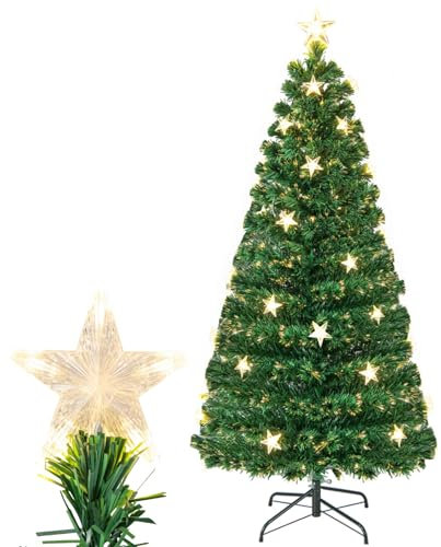GYMAX 5 FT/6 FT Fiber Optic Artificial Christmas Tree, Pre-lit Xmas Tree with 180/230 Branch Tips, 21/30 Warm White Star Lights and 8 Lighting Modes, Holiday Decor Tree for Home Office Holiday (5FT)