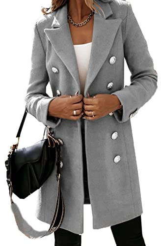 WJANYHN Autumn and Winter Leisure Exquisite Fashion Long-Sleeved Suit Collar Double-Breasted Nizi Jacket Windbreaker Coat Women Grey, XXL
