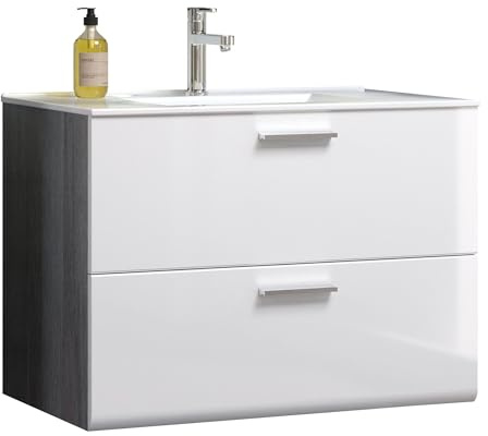 trendteam smart living - Riva - Waschtisch - Weiß Hochglanz/Grau - Hänge-Waschbeckenunterschrank mit 2 Schubladen inkl. Waschbecken - (BxHxT) 82 x 59 x 47 cm - mit chromfarbenem Griff | B 82 x H 59 x T 47 cm · Vollauszug · feuchtraumgeeignet · 2 Schubladen