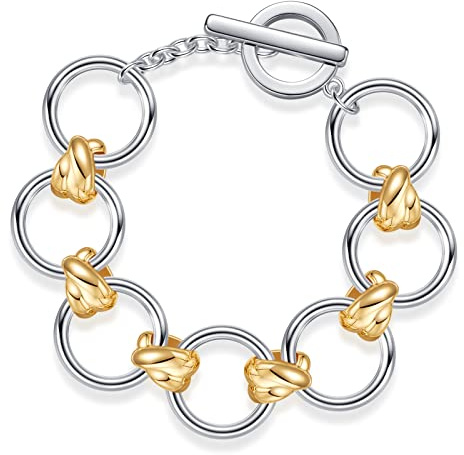 WOWORAMA Tvåfärgad länkkedja armband för kvinnor män guld och silver länkarmband unisex blandade metallarmband tjocka kedjearmband, Adjustable Size, legering, Ingen ädelsten