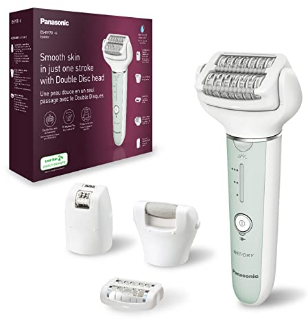 Panasonic ES-EY70 Nass/Trockenepilierer Damen, Dual Disc mit 60 Pinzetten, 90° schwenkbarer Kopf, 3 Geschwindigkeiten & LED-Licht, 30 Min. Betrieb, kabellos, Haarentferner, Fußpflegekopf.