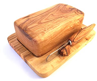 Butterdose mit Buttermesser im 3er Set, geeignet für ein 100 g Stück Kräuterbutter oder Knoblauchbutter, handgefertigt aus Olivenholz