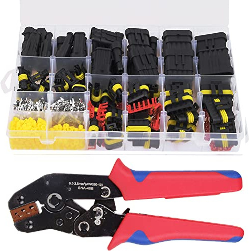 708 Stück KFZ Stecker Steckverbinder 1/2/3/4/5/6-polig Set | Wasserdicht Kabel Steckverbindung Stecker + Crimper Zange, für KFZ LKW Auto Kayak Boote Roller Motorrad, mit Aufbewahrungsbox