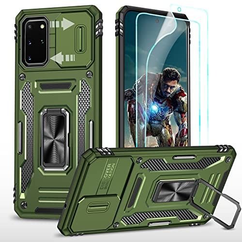 YmhxcY Hülle Für Samsung Galaxy S20 Plus Hülle,*2 Displayschutzfolie,Slide Camera Cover, Militär Grade Schutzhülle, 360°Drehen Metallständer,Für Samsung Galaxy S20 Plus Hülle-Olivgrün