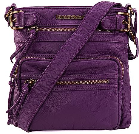Montana West Borsa a tracolla da donna in morbida pelle lavata, multi tasca, Y #viola, Small