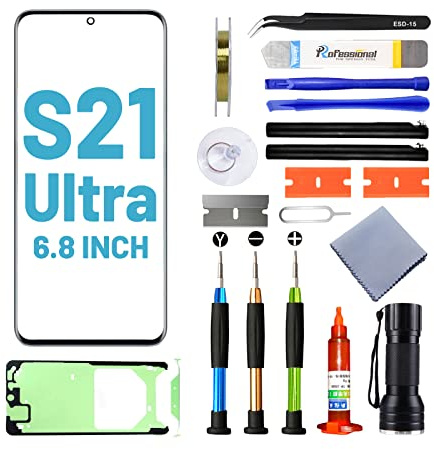 Tpyag für Samsung Galaxy S21 Ultra Display,Frontglas Display für Samsung Galaxy S21 Ultra 6,8 Zoll,Bildschirm Reparaturset mit wasserfestem Kleber (KEIN LCD & Touch-Digitizer)