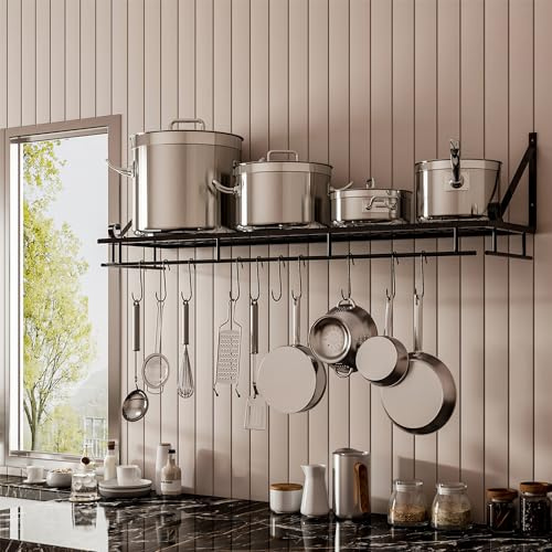 Warmiehomy Küchenregal Wand Pfannenhalter, Wandregal Küche mit 10 Haken, Topf Pfannen Organizer, Gewürzregal Hängend, Wandmontage Küchenutensilienhalter Küchenablage für Küche, Bad, Flur(90x24x25cm)