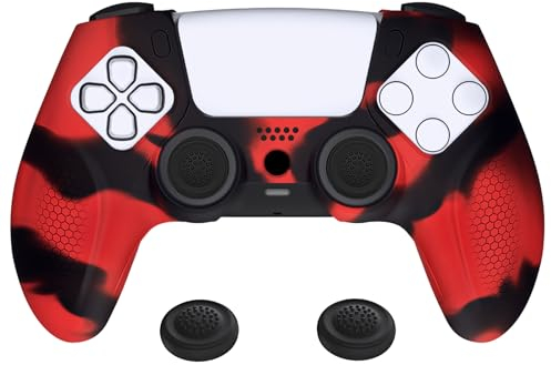 playvital Coque Manette pour ps5 Housse Protection avec 2 Capuchon Joystick pour ps5 Controller Cover Skin Cache Silicone,Édition Ninja-Rouge & Noir