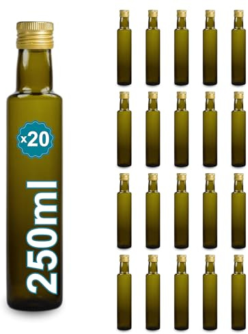 Espirito Rebelde 20 Bouteilles en Verre Foncé de 250ml avec Bouchon a Vis Doré | Protection UV | Idéal pour Huile d'Olive, Vinaigre & Divers Liquides