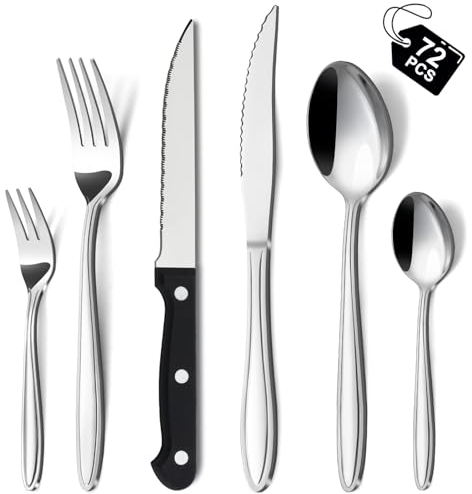 Hunnycook Besteck Set 72-teiliges mit Steakmesser, Premium Edelstahl Besteck Set 12 Personen, Elegantes Besteckset mit Messer Gabel Löffel für Haus/Restaurant/Party, Spülmaschinenfest
