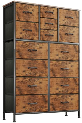 MUTUN Kommode, Schrank, Aufbewahrungsschrank, 15 Schubladen aus Stoff mit Griffen, Metallrahmen, Industrieller Stil, Rustikales Braun und Schwarz