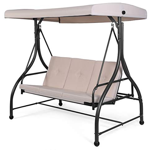 COSTWAY 2 in 1 Hollywoodschaukel mit Liegefunktion, 3-Sitzer Gartenschaukel belastbar bis 240kg, Schaukelbank Liegebett mit verstellbarem Dach für Garten, Terrasse, Beige 188 x 112 x 178cm