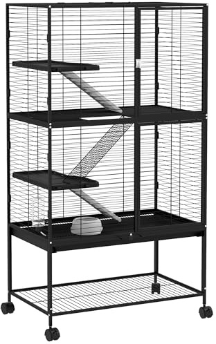 PawHut Gabbia per animali piccoli a 4 livelli, parco per animali con ruote, rampa ciotola d'acqua e vassoio estraibile contenitore per conigli cincillà furetti 78 x 45,5 x 136 cm nero
