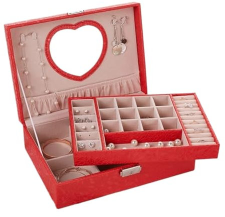 OXOAMP Schmuckkästen Schmuckschatulle aus Leder mit herzförmigem Spiegel, 2-lagig, große Schmuckschatulle mit Blattmuster, Schmuck-Organizer-Box, Schmuckhalter Geschenke(Red)