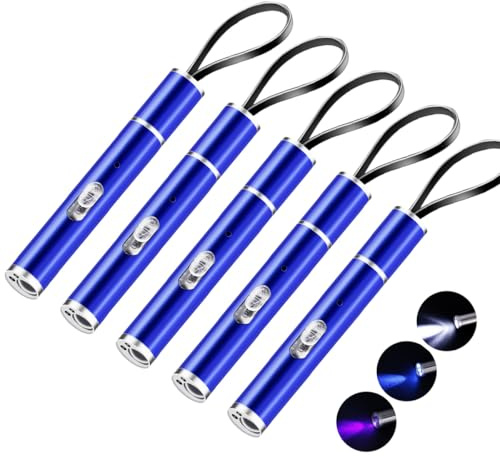 WholeFire 5 Stück Mini Taschenlampe mit 395 nm UV Schwarzlicht, 400 Lumen | Klein LED Stiftlampe Stifttaschenlampe Aufladbar, Licht in weiß/blau/UV, Wasserdicht für Beleuchtung & Erkennung von Tierurin