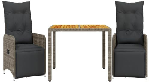 vidaXL Garten Bistroset 3-TLG., Balkonset mit Kissen, Gartenmöbel Tisch 2 Verstellbare Stühle, Balkonmöbel Sitzgruppe Gartengarnitur, Grau Poly Rattan