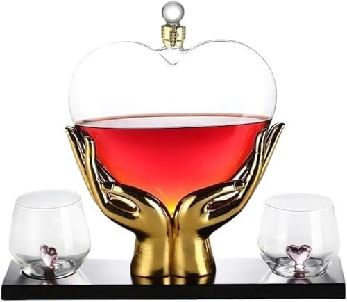 The Diamond Glassware - Decantador de corazón de 1000 ml, jarra de vino tinto en forma de corazón con tapón, pequeño decantador decorativo de whisky de cristal, accesorios de regalo hechos a mano